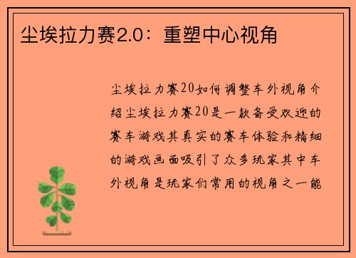 尘埃拉力赛2.0：重塑中心视角